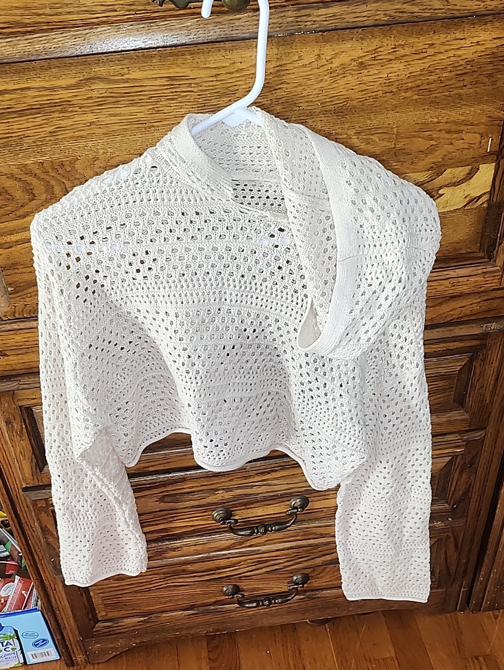 Sincerely Jules Cream Open-Knit Cropped Hoodie
